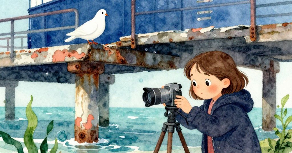 瑪拉細心檢查斑駁三腳架與木板,遠處白鴿靜靜守望,透出歷史痕跡與微光中的柔和關懷。