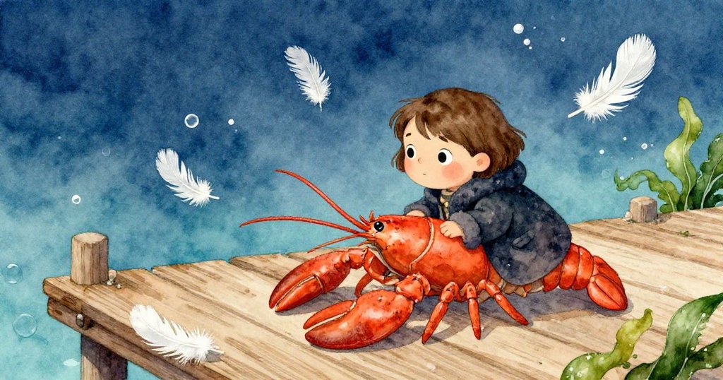 瑪拉發現一隻亮銅色小龍蝦緩行於濕潤木板,白鴿羽毛飄散,畫面充滿奇妙與驚喜之感。