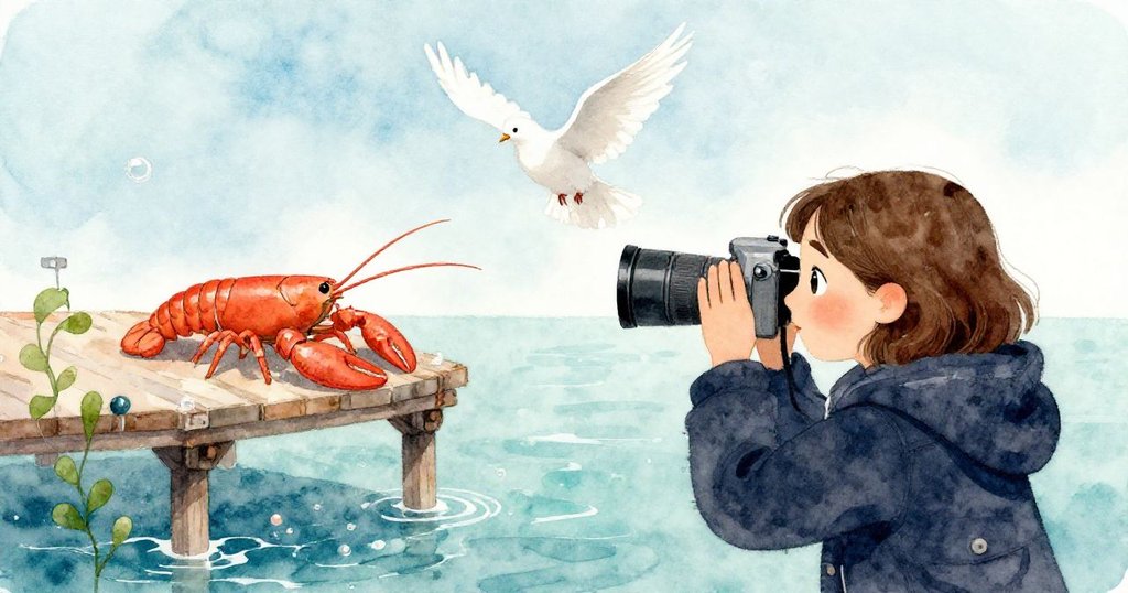 瑪拉透過相機取景框觀察現實與夢幻交織的瞬間,捕捉白鴿與小龍蝦共存,心情既專注又充滿驚奇。