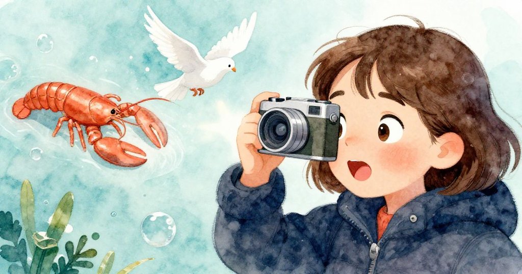 瑪拉緊握攝影機快門,瞬間捕捉魔幻瞬間,眼神充滿驚喜與激動,定格了自然與夢境交織的奇異美感。