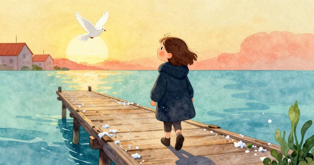 瑪拉在暖陽映照的老舊碼頭上緩步前行,身後是閃爍鹽晶與白鴿飛走,她懷著滿足與感激心情迎接結局。