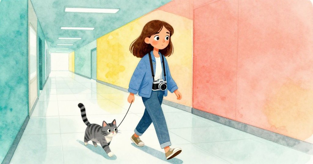 從鳥瞰視角，Maya正穿過光亮走廊，灰虎斑貓領路，臉上充滿決心，周圍充滿現代科學感與溫暖光線。