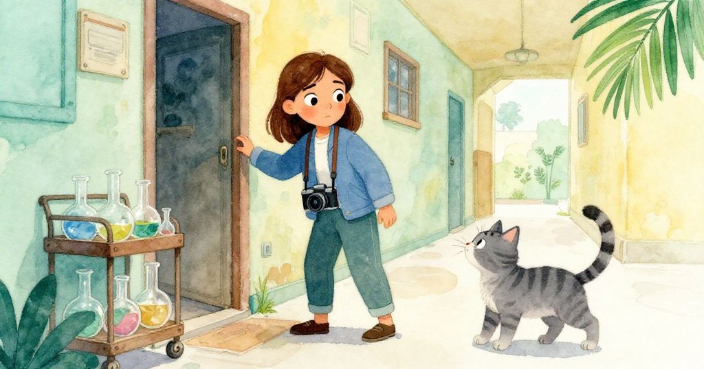 Maya在走廊中奮力推動老舊滑門，旁邊玻璃燒瓶推車顯示歷史痕跡，灰虎斑貓靜靜旁觀，充滿努力與好奇。