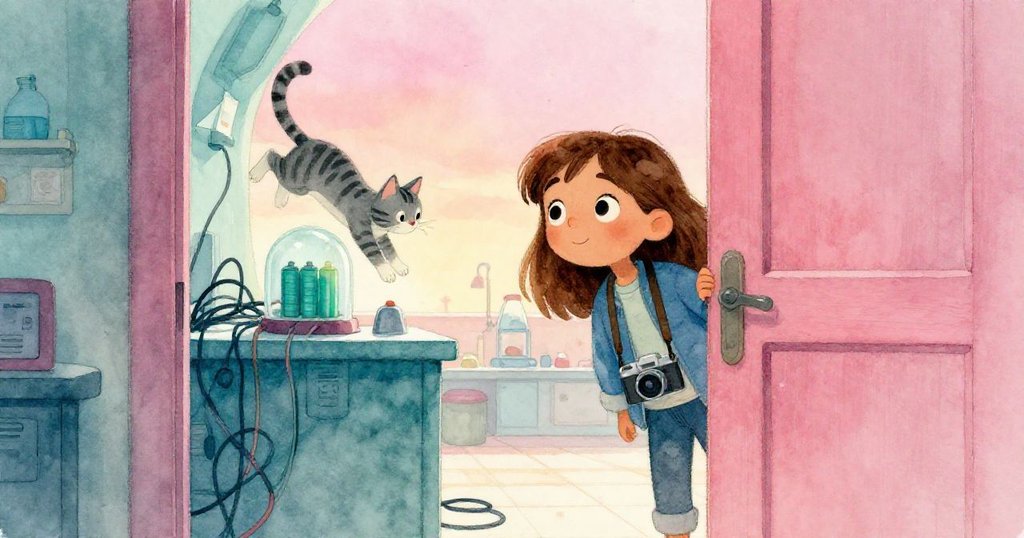 Maya透過半開門縫探入神秘實驗室，裡面雜亂電纜與罩蓋下的原型電池顯現出科學奇遇，灰虎斑貓在控制台上活潑跳躍。