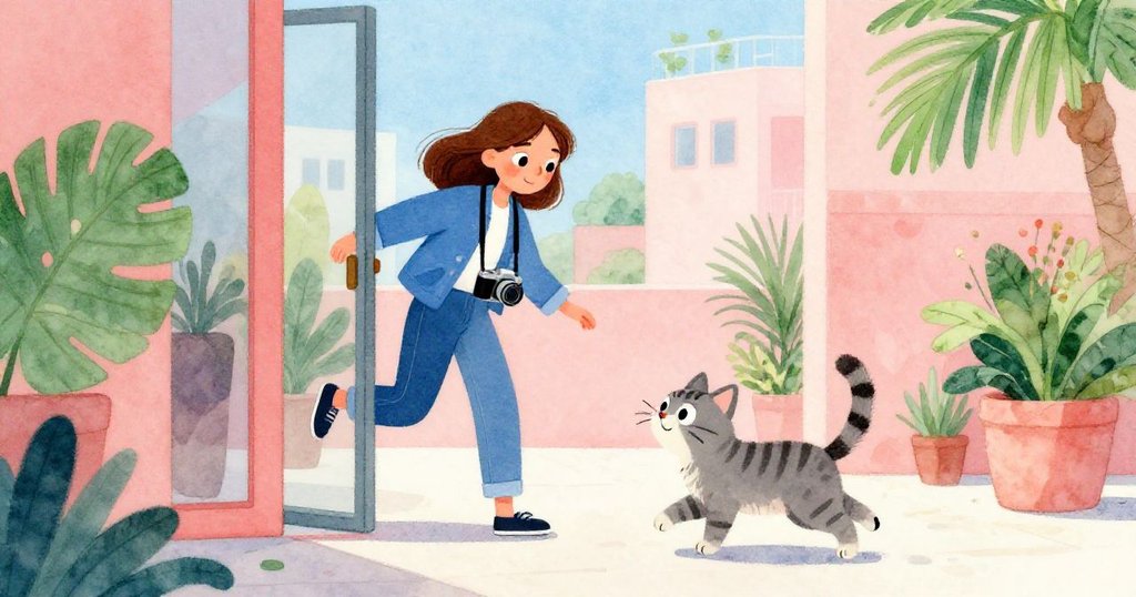 Maya從實驗室透過玻璃門走入明亮庭院，現代建築與藍天映襯出都市動感，灰虎斑貓緊隨其後，滿懷希望與新鮮感。