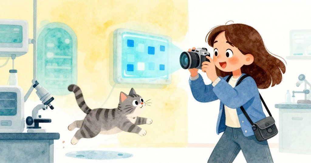 Maya激動地快速拍照，藍色方格於原型屏上閃爍，灰虎斑貓正躍上控制台，捕捉瞬間緊張與驚喜。