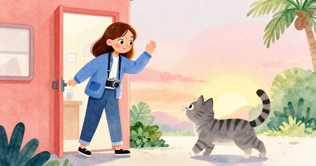 Maya依依不捨地揮手告別實驗室，臉上帶著柔和微笑，灰虎斑貓靜立門旁，現代實驗環境中洋溢著溫暖告別情懷。