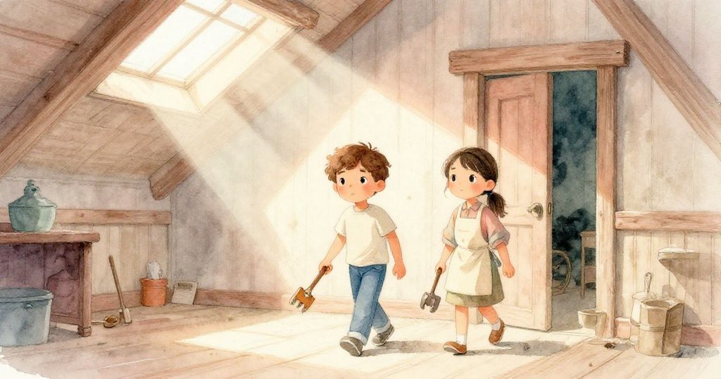 Lucas和Mira踏入透著夕陽光芒的古老大廳，木地板與天窗呈現溫暖氛圍，兩人滿懷期待。