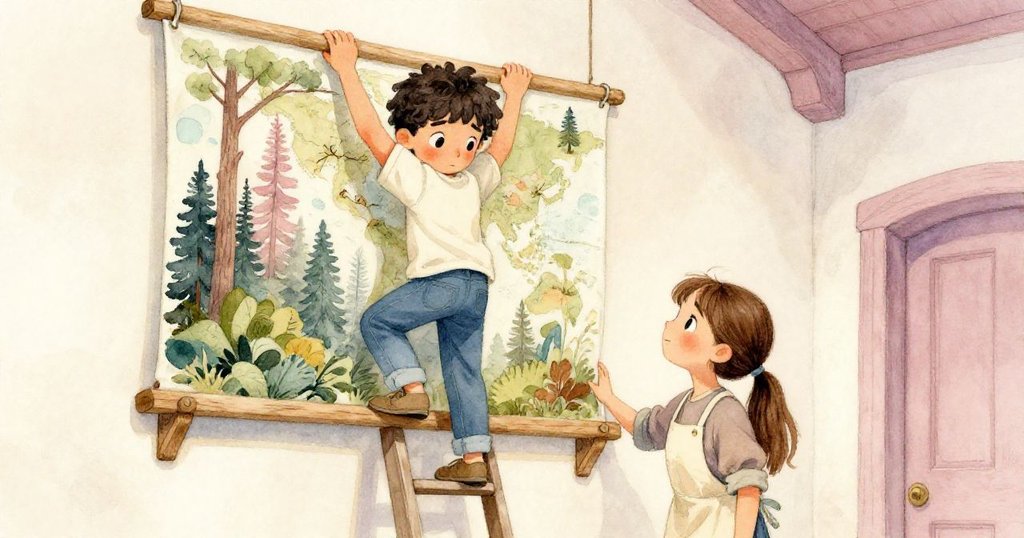 Lucas踩梯子懸掛精美地圖，Mira穩固木框，古老大廳中兩人互助合作，流露專注與熱情。