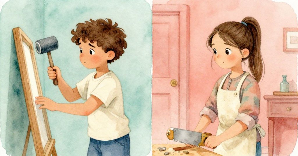 Mira輕敲木框，Lucas發現袖上鋸末飛散，兩人動作互補，表情專注與驚訝，分割畫面講述調整故事。