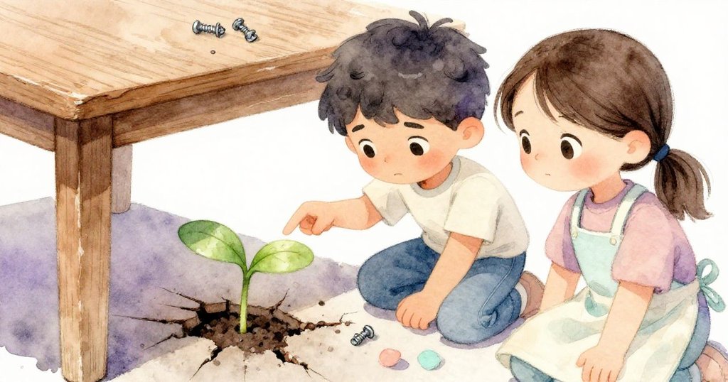 Mira驚喜發現桌下綠芽冒出，Lucas仔細檢查缺失螺絲，暗示生態奇蹟與細膩探索精神。