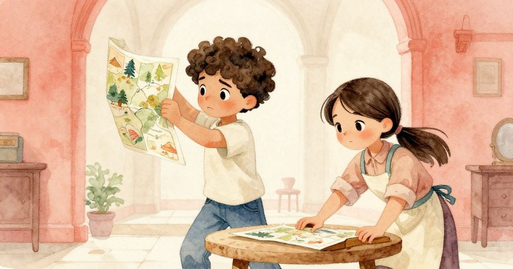 Lucas重新舉起地圖調整展品，Mira快速修正桌子傾斜，兩人動作迅速，充滿決心與合作精神。