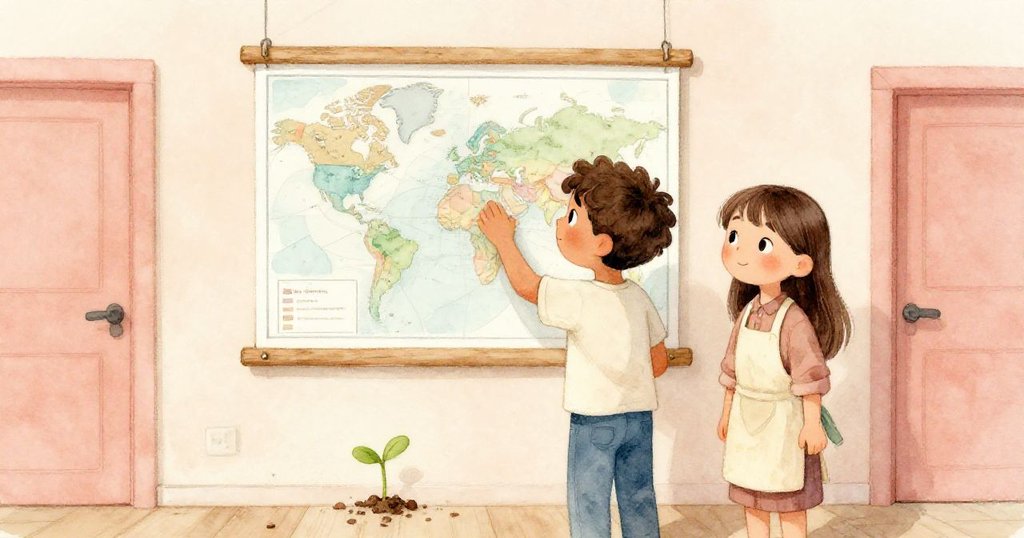 溫馨大廳中，Lucas與Mira滿意對望，完成展示後綠芽靜靜生長，畫面呈現溫暖與圓滿結局。