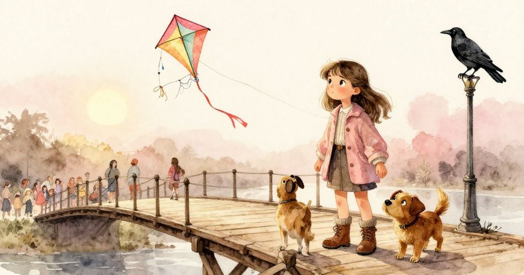 米拉在晨曦中站在木製橋上，與棕色小狗互動，背景有早晨行人，鴉站燈柱上發出聲音，期待取回風箏。