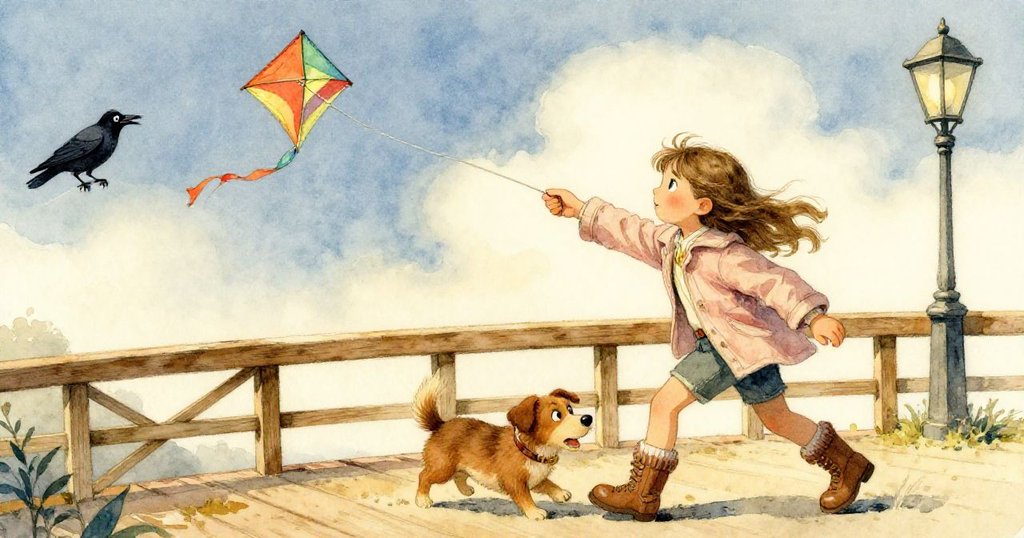 突如其來的風推動風箏自由滑動，背景橋上景致流動，鴉沉默盡顯驚愕，米拉和小狗在橋上觀望。