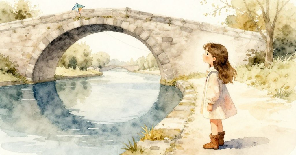 風箏在石拱臺下的運河上平靜漂浮，米拉慢慢觀看，環境寧靜祥和，故事步入溫柔結局。