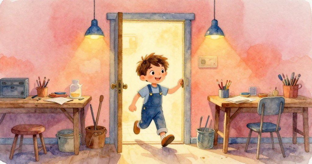 Leo 穿過溫暖燈光照耀的地下工作坊入口，臉上帶著期待笑容，展開冒險進入創作世界。