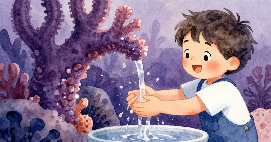 Leo 在工作檯上輕洗珊瑚拱門，水珠閃爍映出細膩歷史，專注動作彰顯細緻情感。