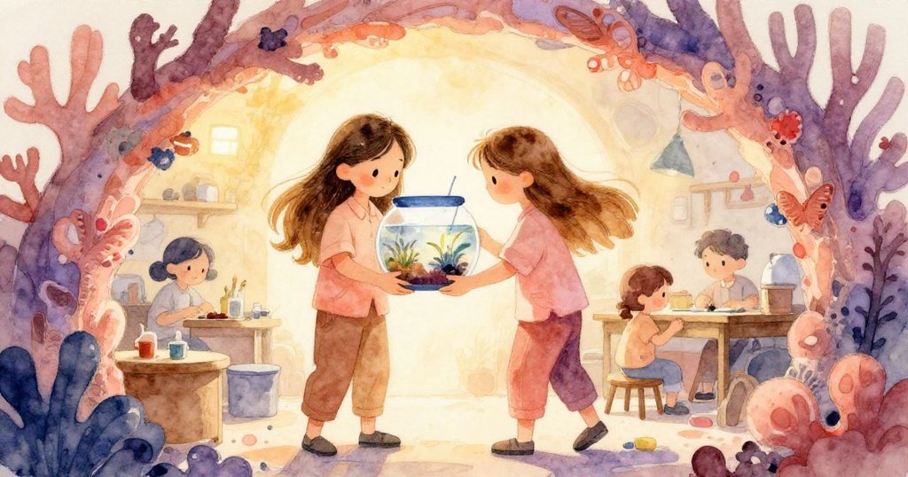 Mira 從低角度堅定扶持水族箱，協助固定珊瑚拱門，充滿專注與合作的溫暖場面。