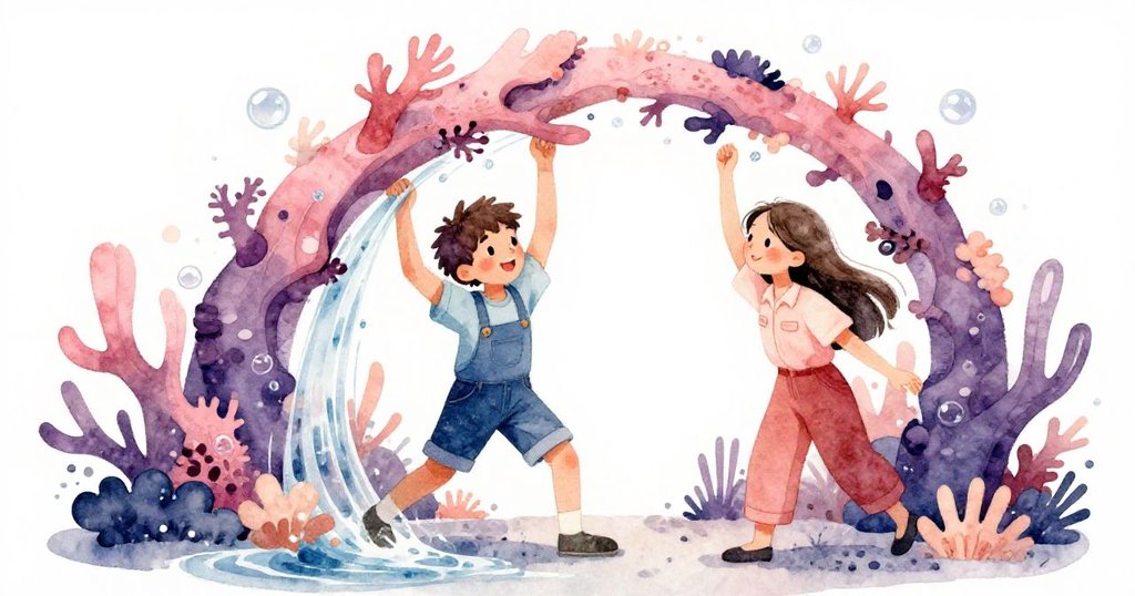 Leo 與 Mira 協作調整珊瑚拱門，水花飛濺與氣泡浮現，展現出努力與挑戰交織的瞬間。