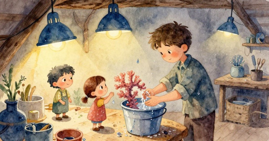 小蝦在水族箱中穿越珊瑚拱門，動態軌跡生動展示意外驚喜，充滿活力與輕快感。