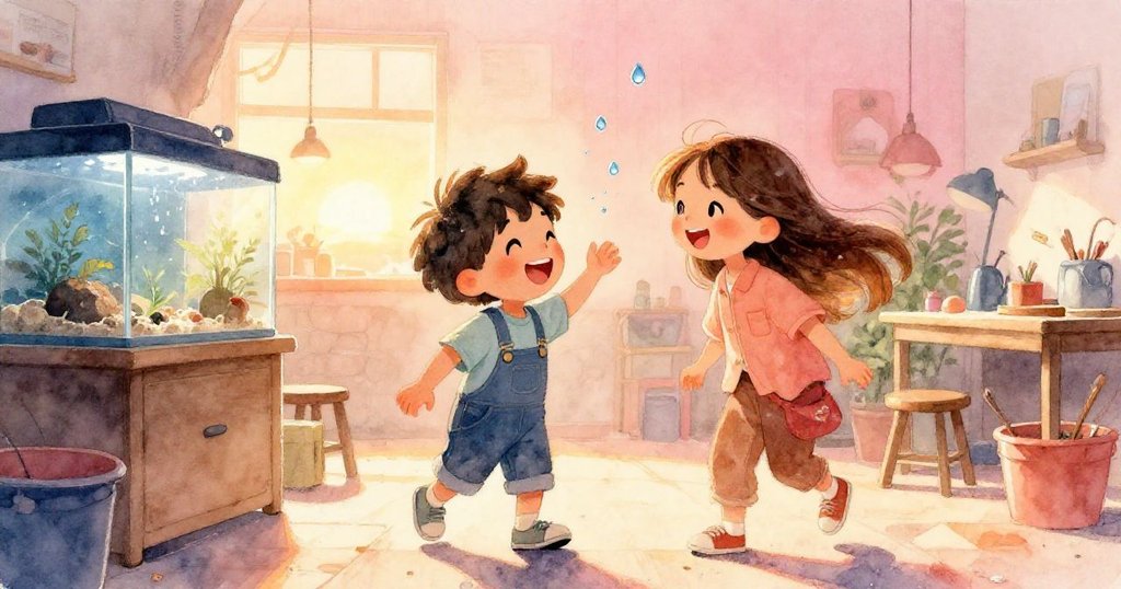 Leo 與 Mira 在穩定水族箱旁歡笑揮手告別，水珠閃耀中展現出完成挑戰的喜悅與溫馨。