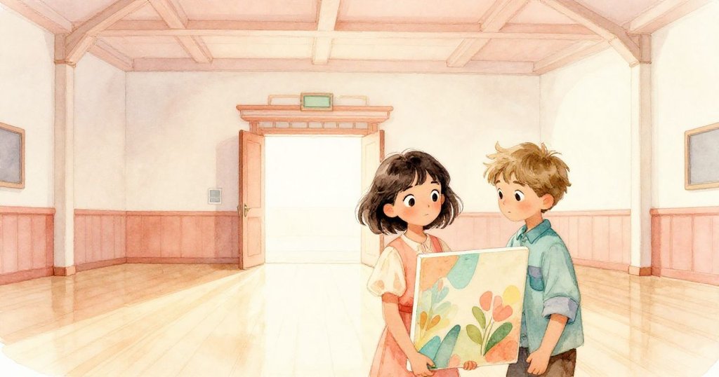 Mara帶著畫布走進明亮禮堂，Leo跟隨協助，透過大門展現冒險開始，神情興奮充滿期待。