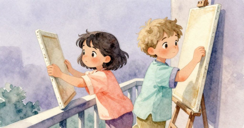 Mara穩定梯子，Leo調整掛畫，陽台上光影交錯，畫布顯露歷史痕跡，情緒專注。