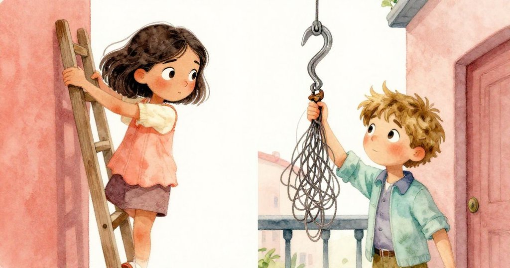 Mara和Leo各自專注處理畫布，畫面分割展現攀爬與細心操作的緊張瞬間，情緒凝重。