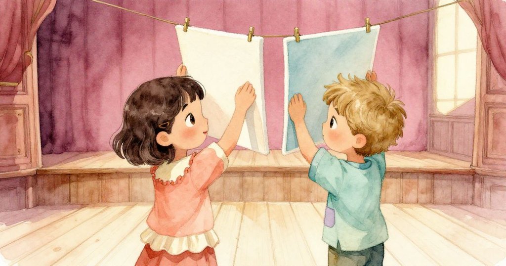 Mara與Leo在溫暖秋光中操作畫布，背景展示復古木質舞台與地板，情緒平靜充滿懷舊感。