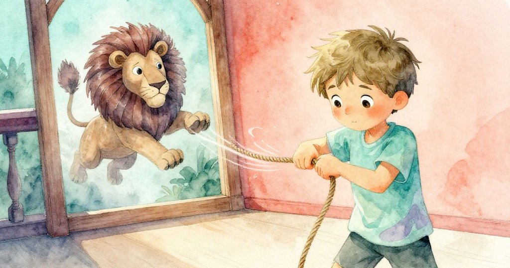 Leo迅速拉緊繩索，背後神秘獅心雕刻隨動作落下，動感畫面表現高潮緊湊情緒。