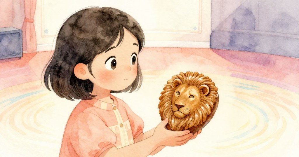 Mara手握獅心雕刻注視前方，畫布完美懸掛，繽紛舞台展現道路開闊，神情堅定滿懷希望。