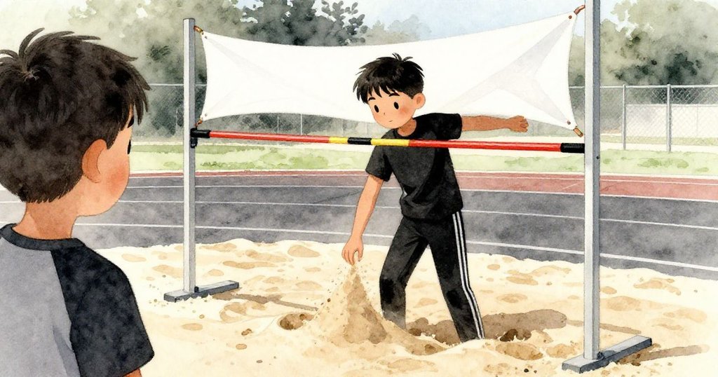 從背後看馬特奧認真調整高跳器材,動作專注,手中整理砂坑中的沙,背景橫幅隨風輕舞。