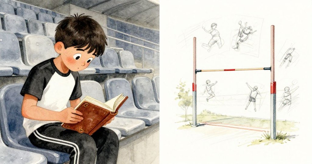 馬特奧在看臺下發現皮革日誌,打開日誌映出傳奇運動員高躍的草圖,過去與現在互動交融。