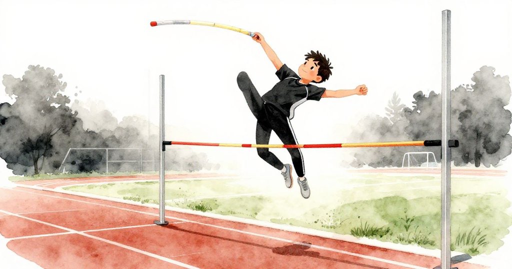 馬特奧躍起瞬間,杆身優雅彎曲,肩輕觸橫桿,動作中展現出追求成功的堅毅與美感。