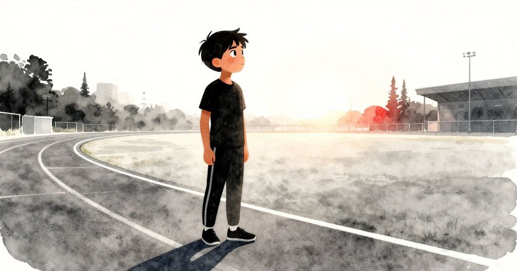 晨光下馬特奧立於空曠跑道前,目光堅定注視前方新地平線,充滿希望與未來夢想的能量。