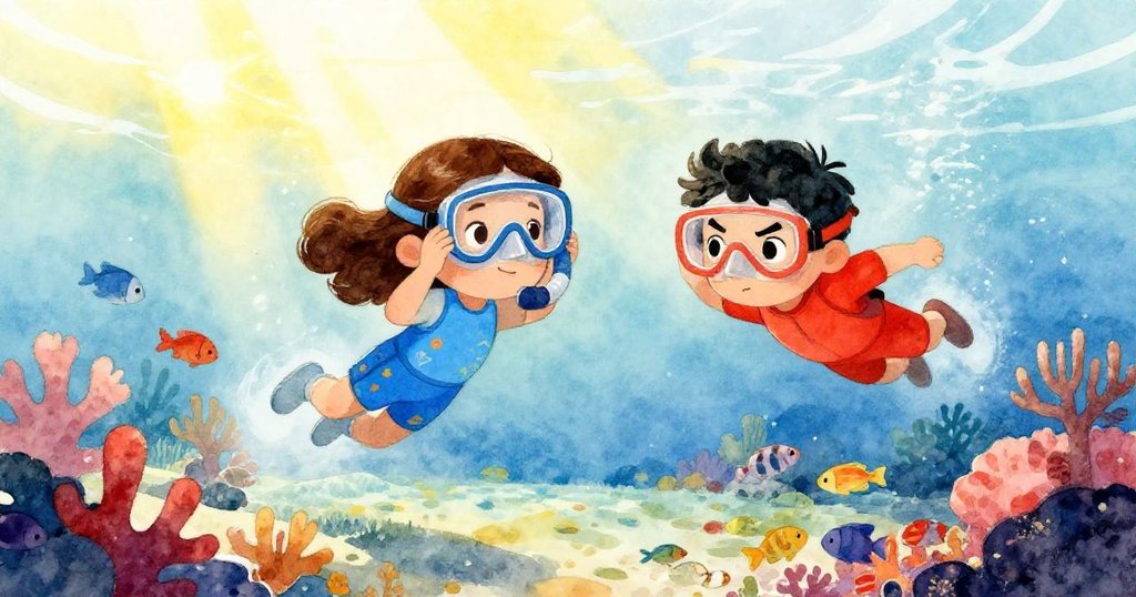 Mia 和 Luca 在明亮海底珊瑚礁中探索，調整呼吸面具，陽光斑駁散落，充滿驚奇與期待的情緒。
