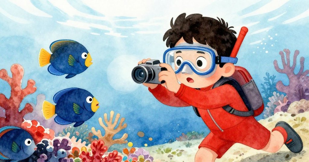 低角度畫面中，Luca 聚精會神地對準快閃鳳蝶魚，背景珊瑚鮮豔，眼神透露出決心與驚奇。