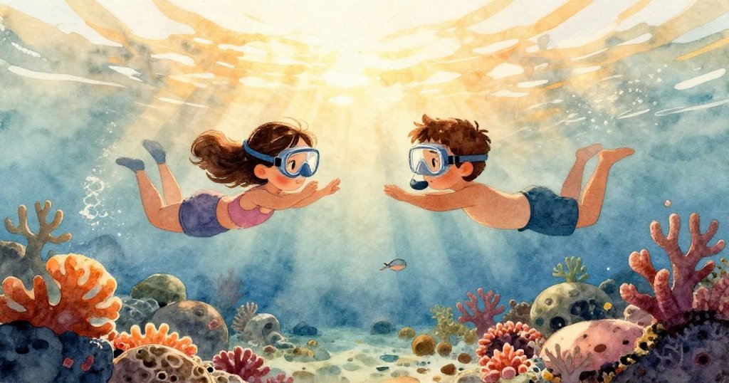 神秘的章魚從珊瑚縫隙中現身，輕輕將黃銅鑰匙平衡於觸手之上，透露出探險中隱藏的溫柔神秘感。