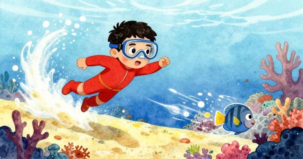 水中激流湧動，Luca 積極追逐快閃的鳳蝶魚，水砂模糊中展現出動感與冒險的急迫情緒。