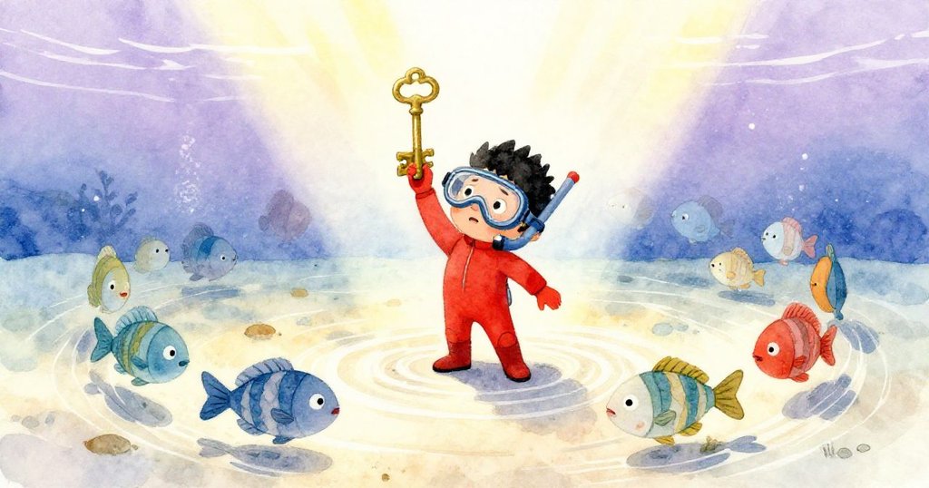 平靜的水底環境中，Luca 舉起黃銅鑰匙，周圍魚群重聚於波動沙底，展現出寧靜與探險後的勝利喜悅。