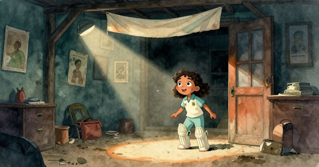 米拉走進塵封舊倉庫，窗光穿射灰塵飛舞，老海報與低垂橫幅映襯出探險初始的神情