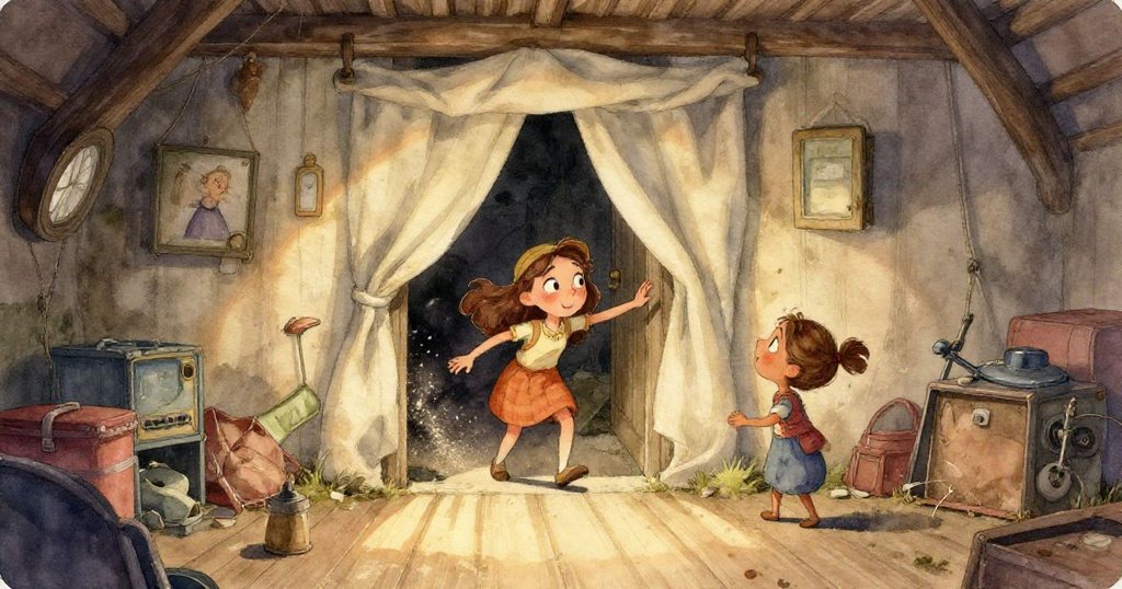 米拉伸手觸摸破舊木箱，鏽跡鉸鏈旁綠蛇隱現，細膩紋理彰顯神秘氣息