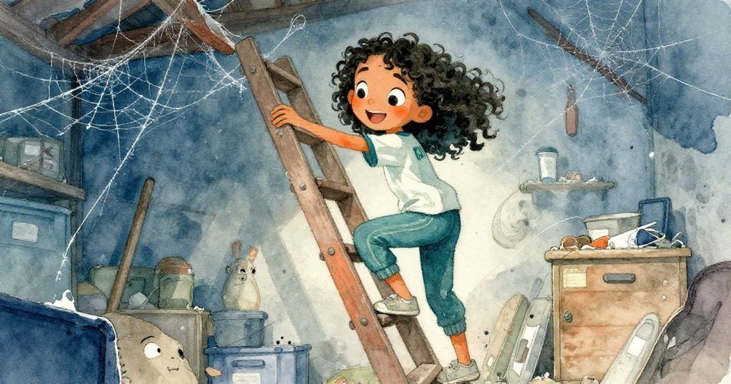 米拉攀爬搖晃梯子，膝觸蜘蛛網，扭曲角度展現舊倉庫獨特塵封質感