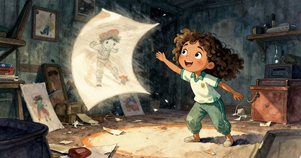 米拉靜視空氣中掀起的海報碎片飄落，舊倉庫隨風時光流轉，她表情中流露出沉思與感觸