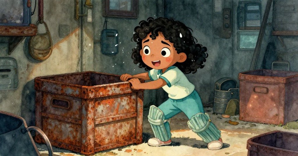 米拉奮力搖晃生鏽木箱，面露堅決與緊張神情，古舊倉庫背景襯托出挑戰氣氛