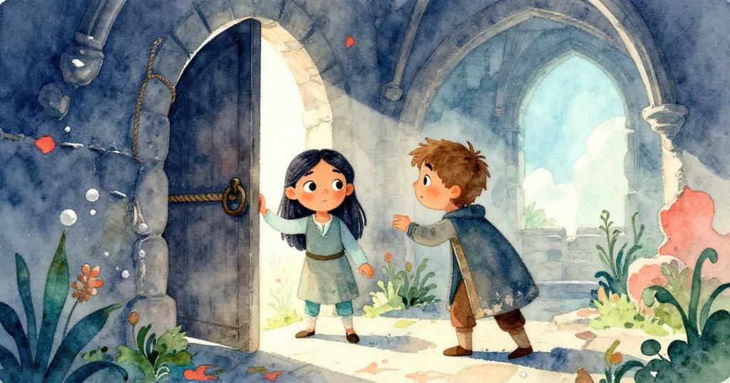 Mira與Pieter在破舊城堡內探險，晨光穿透破拱，兩人專注於嵌地石門與受損繩索，表現堅定探索精神