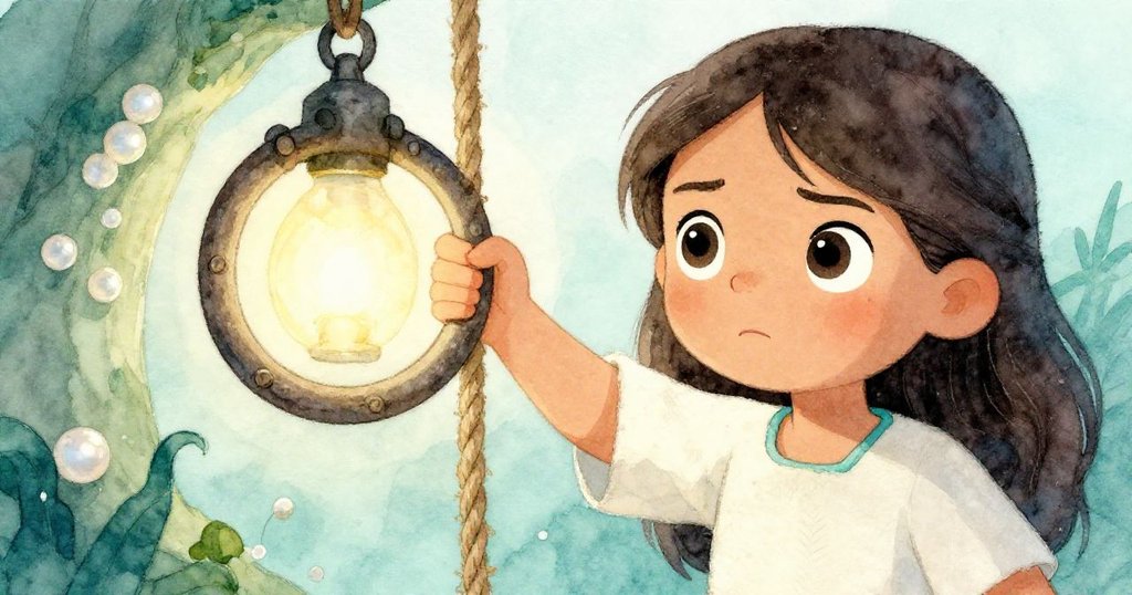 Mira聚精會神握著斷裂繩索，面部神情堅定而充滿希望，細節展現古老石牆質感