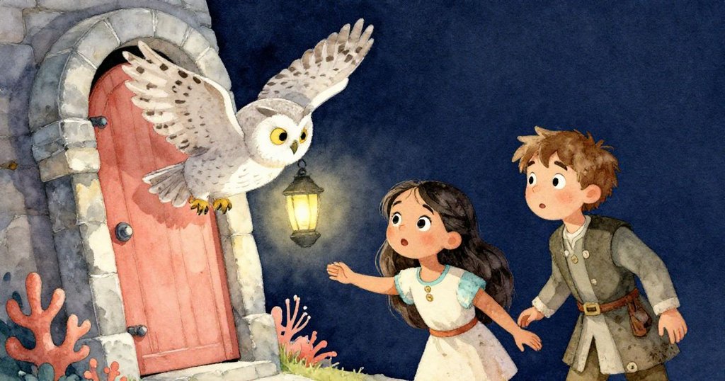 石門傾斜開啟，瞬間放出貓頭鷹，Mira與Pieter驚愕後退，燈光交織展現神秘古堡氣息