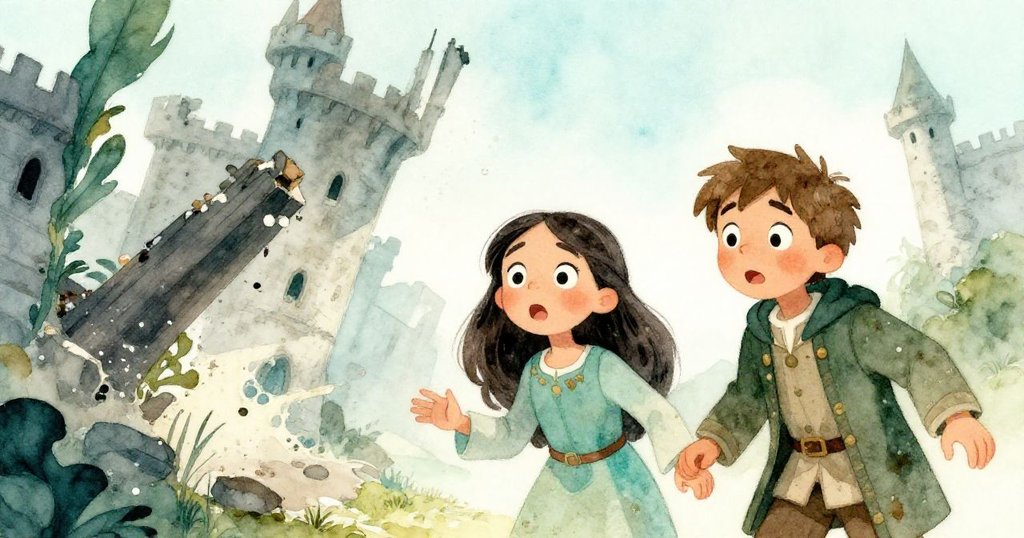 石梁落地引起瞬間反應，Mira與Pieter驚訝退後，塵埃飛舞中透出堅定與緊張交織的情緒